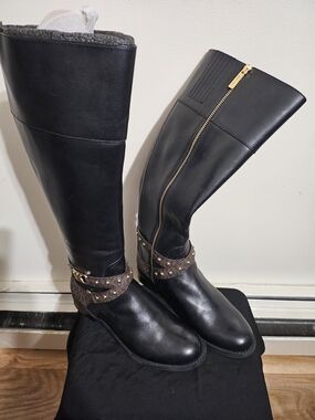 Michael KorsbBlack Leather Knee-High Riding Boots with Studded Ankle Strap